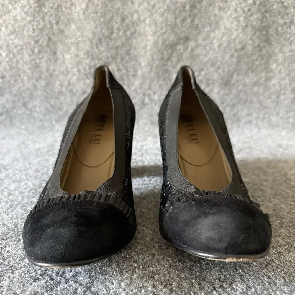 ANYI LU Black Textured Leather Slip-On Block Heel Pump Ribbon Animal Print 7